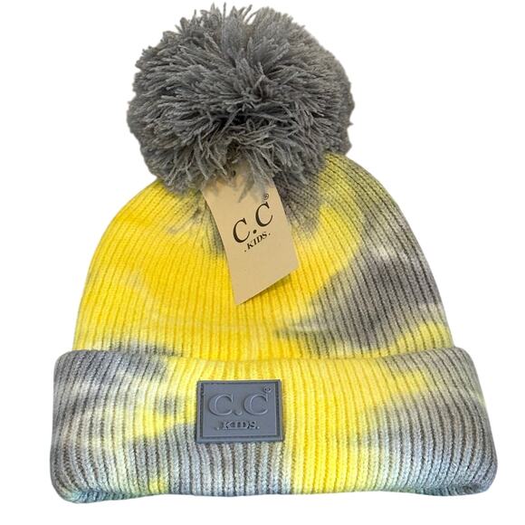 NEW! Kid’s Teal Blue or Yellow Gray Tie Dye Pom Pom Ribbed Beanie (K0082) - Picture 2 of 13